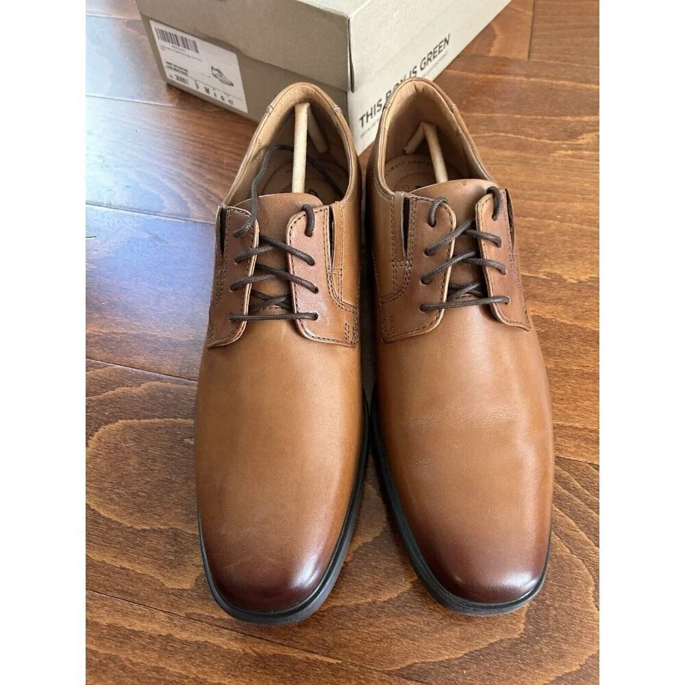 Clarks Men's Tilden Plain Oxford Dark Tan Lace Up Dress Shoe NEW US size 9‎ W